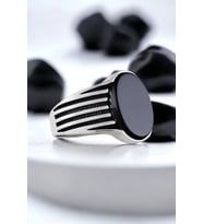 Vog -  925 Ayar Siyah Oniks Taşlı Oval Erkek Gümüş Yüzük