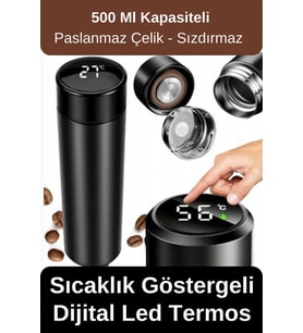 Premium Alite Gıda Sınıfı 201 Paslanmaz Çelik Sıcaklık Göstergeli Sızdırmaz Dijital Led Siyah Termos