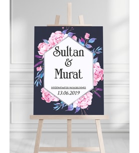 Söz Nişan Düğün İçin 50x70 Karşılama Panosu - Pembe Gül Pastel Tasarımlı