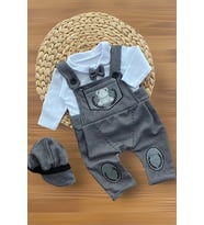 Erkek Bebek Ayıcıklı Salopet Takım - Kasketli, Papyonlu 3’lü Set Kahverengi (Gri)