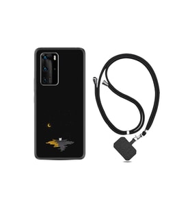 Huawei P40 Pro Kılıf Silikon Desen Boyun Askılı Ay Ve Kedi 1683