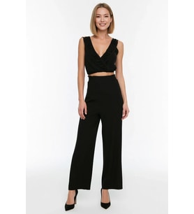Kadın Kolsuz V Yaka Fırfırlı Crop Top Bol Paça Pantolon Plaj Takımı Viskoz Elastan Günlük Rahat