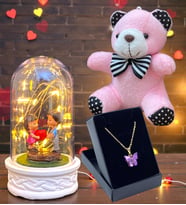 Tasarım Kelebek Kolye, Peluş Anahtarlık ve Led Işıklı Fanus Hediye Seti (Model 8)
