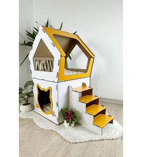 Mavitrend Ahşap Büyük Kedi Evi XXL Açık Teraslı Model 5 Kg Üstü Kediler İçin Beyaz- Sarı Renk