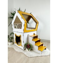 Mavitrend Ahşap Büyük Kedi Evi XXL Açık Teraslı Model 5 Kg Üstü Kediler İçin Beyaz- Sarı Renk