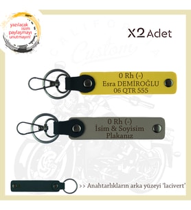 Sürücülere, İsim Plaka ve 0 Rh (-) Kan Grubu Yazılı Kişiye Özel x2 Anahtarlık Set, Kül Gri-Sarı-Laci