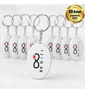 Logonuza Özel 10 Adet 5x3,5 cm Çift Taraf Baskılı Beyaz Metal Oval Anahtarlık
