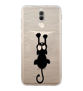 Huawei Mate 10 Lite  Kamera korumalı Kapak Çizgi Kedi (Siyah) Tasarımlı Şeffaf Kılıf