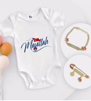 BK Kids Kişiye Özel Maşallah Tasarımlı Beyaz Bebek Body Zıbın Kız Bebek Künyesi ve İğnesi Hediye Seti-3