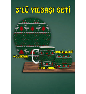 Yılbaşı Temalı 3'lü Bilek Destekli Mousepad Kupa Ve Bardak Altlığı Seti