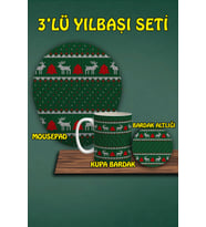 Yılbaşı Temalı 3'lü Bilek Destekli Mousepad Kupa Ve Bardak Altlığı Seti