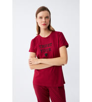 Akbeniz Kadın Bordo Kalp Desenli Kısa Kollu Penye Pijama Takımı