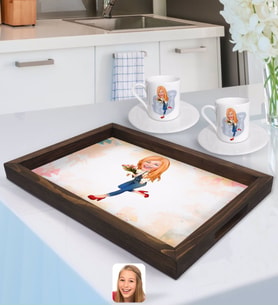 BK Gift Kişiye Özel Kadın Karikatürlü Doğal Ahşap Tepsi ve 2’li Kahve Fincan Seti-13