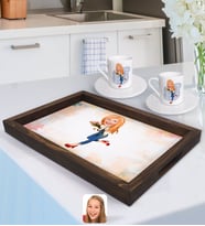 BK Gift Kişiye Özel Kadın Karikatürlü Doğal Ahşap Tepsi ve 2’li Kahve Fincan Seti-13