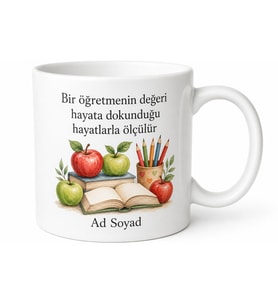 İsimli Elma Kitap Desenli Öğretmen Kupası Hediye Porselen Bardak