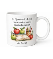 İsimli Elma Kitap Desenli Öğretmen Kupası Hediye Porselen Bardak