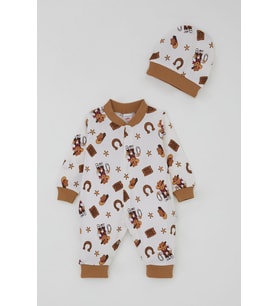 Breeze Erkek Bebek Tulum Mini Kovboy Ayıcık Desenli 0-6 Ay, Ekru