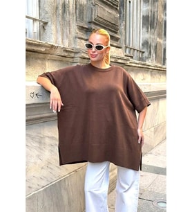 Kahverengi Oversize Triko Bluz