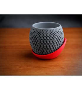 3D Baskı Küre Saksı - Kafes Dokulu İki Parçalı Dekoratif Saksı - Gri-Kırmızı