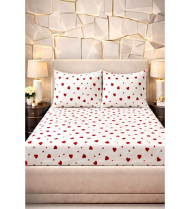 More Home Tek Kişilik Lastikli Çarşaf Seti + Yastık Kılıf Kalp Desenli Beyaz Kırmızı