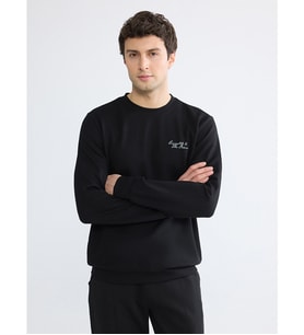 LCWAIKIKI Classic Siyah Bisiklet Yaka Nakışlı Erkek Sweatshirt