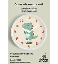 İsme Özel Sevimli Dinozor Çocuk Odası Duvar Saati Orta Boy 30 cm Beyaz Camlı Sessiz