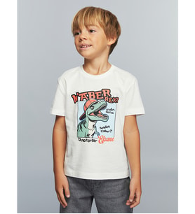 LCW Kids Beyaz Bisiklet Yaka Dinozor Baskılı Erkek Çocuk Tişört