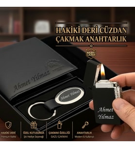 Kişiye Özel Hakiki Deri Cüzdan Metal Gazlı  Çakmak Anahtarlık  - Babaya Sevgiliye Arkadaşa Eşe Hediye Seti