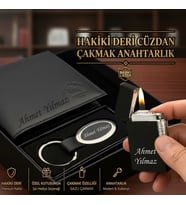 Kişiye Özel Hakiki Deri Cüzdan Metal Gazlı  Çakmak Anahtarlık  - Babaya Sevgiliye Arkadaşa Eşe Hediye Seti