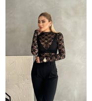 Kadın Uzun Kollu Transparan Çıtçıtlı Bodysuit Bluz (Siyah)