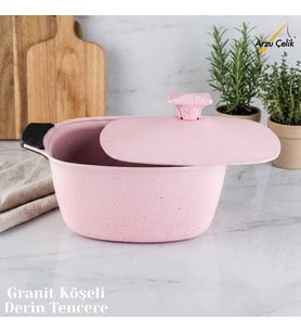 22 Cm Granit Köşeli Derin Tencere Alüminyum Kapak - Pembe