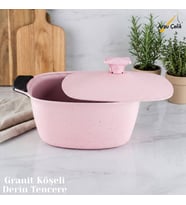 22 Cm Granit Köşeli Derin Tencere Alüminyum Kapak - Pembe