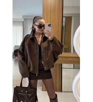 Oversıze Kadın Süet Ceket Trend Bomber Süet Ceket