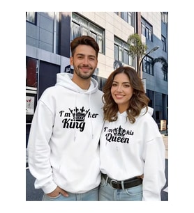 Nevermind Sevgili Çift Kombin King And Queen Baskılı Özel Tasarım Kapüşonlu Sweatshirt 2li Set Takım (Beyaz)