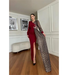 Neşeli butik kadın leopar detaylı yırtmaçlı abiye elbise NBNC2509 (Bordo)
