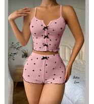 Intive Comfort Kalp Desenli V Yaka İnce Askılı Mini Şortlu Büstiyer Takım/Pijama Takımı (Pembe)