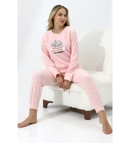 Fawn 5006 Peluş Welsoft Polar Kışlık Yumoş Kadın Pijama Takımı Uyuyan Kedili 3317 (Toz Pembe)
