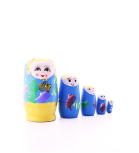 Ahşap Tombul İç İçe Matruşka Bebek Mavi Set 5li Büyük Boy