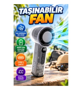 100 Kademeli Hız Ayarlı Dijital Ekranlı Taşınabilir Fan – 3000 mAh Type-C Şarjlı