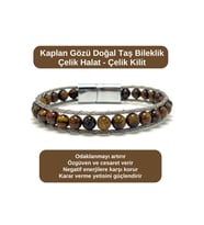 SERTİFİKALI Kaplan Gözü 6mm Doğal Taş Bileklik Çelik Halat Çelik Kilit