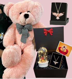 Zümdürü Anka Kuşu Kolyeli Fotoğraflı Premium Set - Büyük Pembe Peluş Ayıcıklı (Model 6)