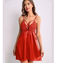 Lily Bianca Önü Çapraz Bağlamalı Dantelli Saten Kırmızı Gecelik/Babydoll-431