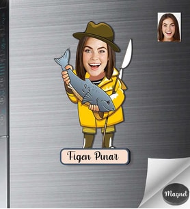 Kişiye Özel Balıkcı Kadın Ahşap Magnet -1