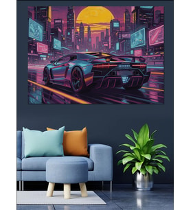 Cyberpunk Şehirde Gelecek Nesil Araba Dekoratif Kanvas - Mdf Ahşap Tablo