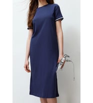 Moda Stil Relaxed Bisiklet Yaka Midi Boy Triko Bant Detaylı Kısa Kol Esnek Örme Elbise (Lacivert)