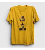 Presmono Unisex Sarı Eat Sleep Fly Repeat Pilot Airplane Uçak T-Shirt 398580tt (Sarı)