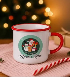BK Gift Kişiye Özel İsimli Yılbaşı Tasarımlı Kırmızı Emaye Kupa Bardak -2, Arkadaşa Hediye, Yeni Yıl Hediyesi
