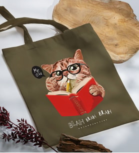 BK Gift Kedi Tasarımlı Haki Kumaş Bez Çanta, Baskılı Omuz Çantası, Alışveriş Çantası, Arkadaşa Hediye-5