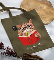 BK Gift Kedi Tasarımlı Haki Kumaş Bez Çanta, Baskılı Omuz Çantası, Alışveriş Çantası, Arkadaşa Hediye-5