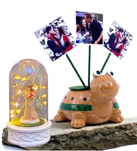 Kişiye Özel Hediye Seti 3 Fotoğraflı Sevimli Kaplumbağa ve Led Işıklı Fanus (Model 7)